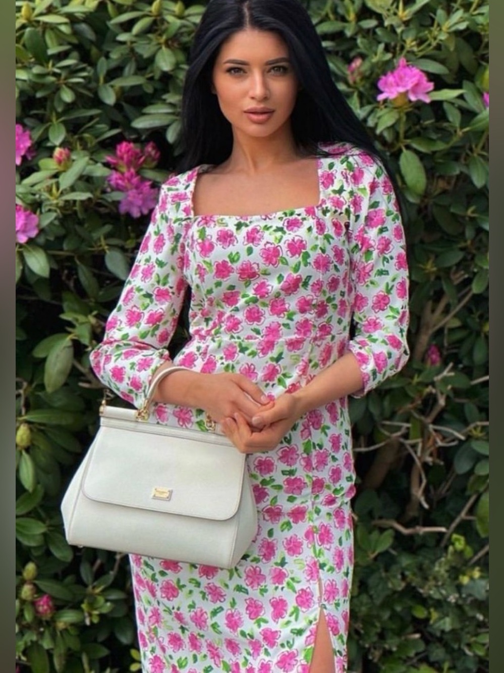 Zara Floral Pink and White Midi Dress with Side Slit